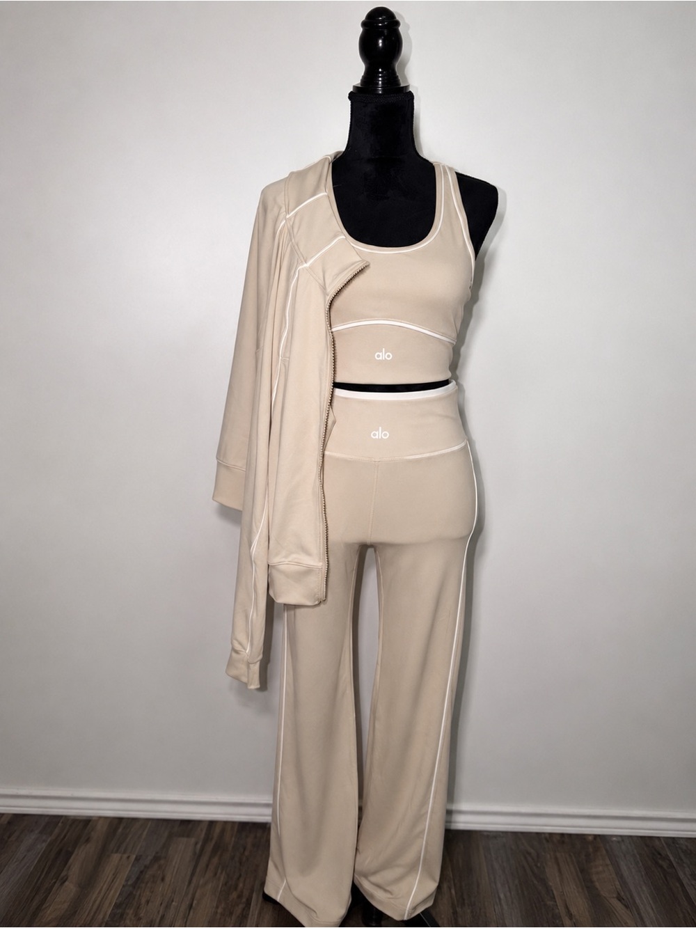 ALO Yoga Cream High-Rise Wide-Leg Lounge Pant, Sport Bra and Zipper Sweater